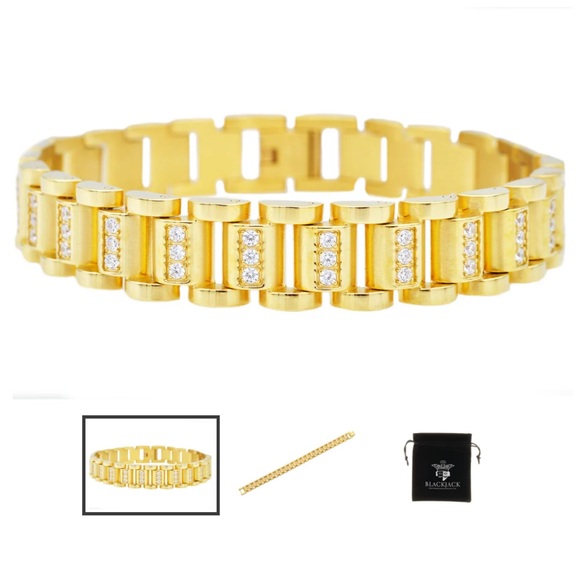 Mens Gold Stainless Steel Link Bracelet With Cubic Zirconia BLACKJACK